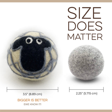 Fluff Ewes Gift Bundle: Buy 3 sets of natural dryer balls, get 1 free! Includes eco-friendly organic NZ wool balls—one with a cute sheep face (3.5") and one plain gray (2.25"), both labeled by size.