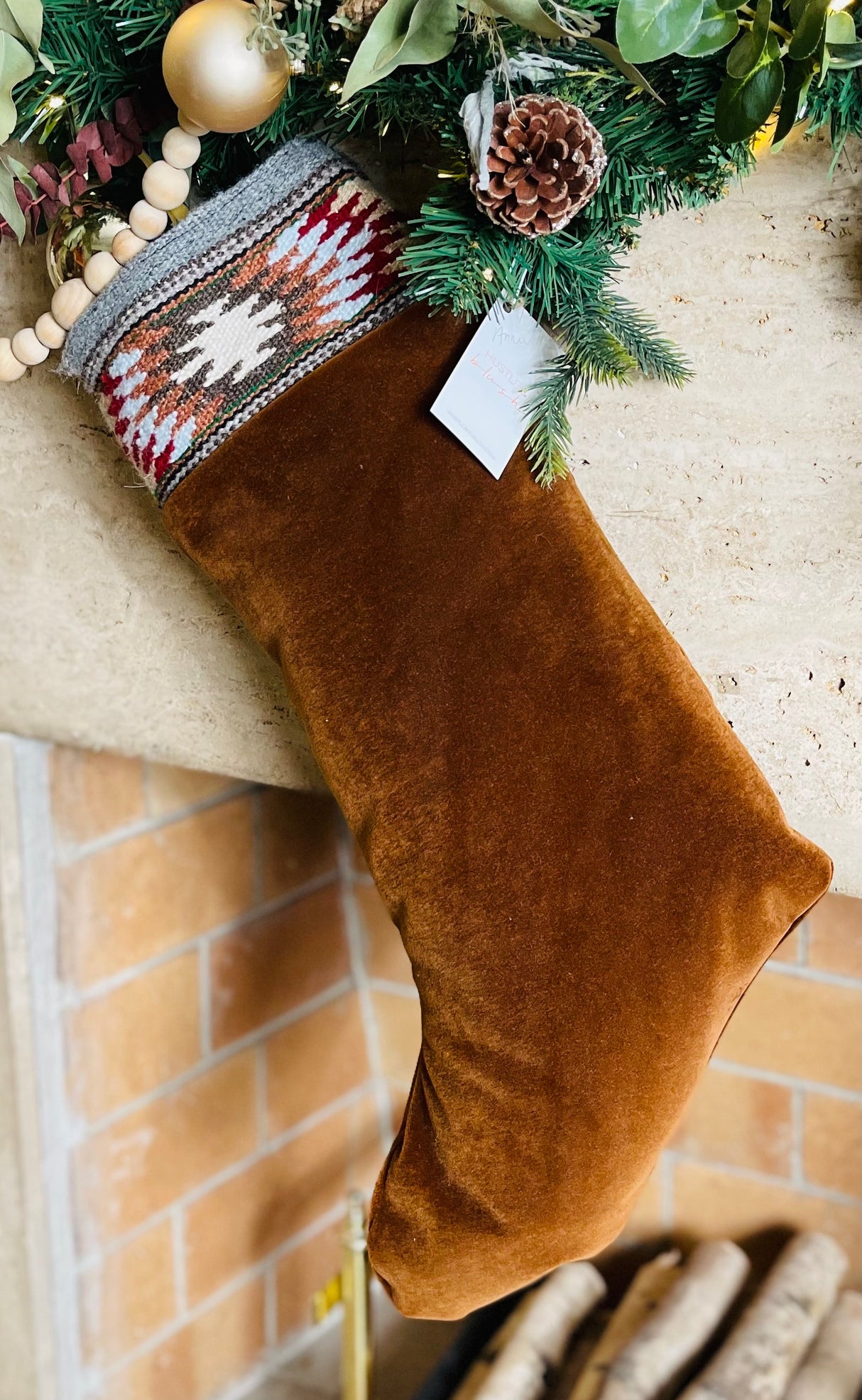 Svitlo (Light) XL Handwoven Carpathian Wool & Currant Colored Italian Velvet Stocking