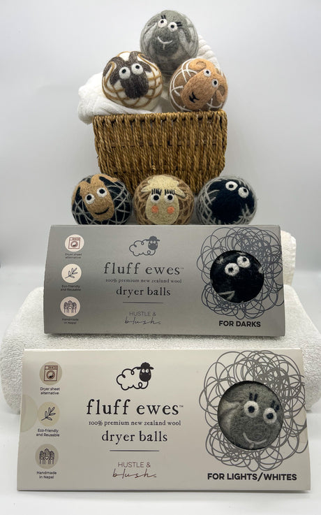 Bundled Pair of Fluff Ewes premium wool dryer balls: 3-Pack for Darks & 3-Pack for Lights/Whites $68 value