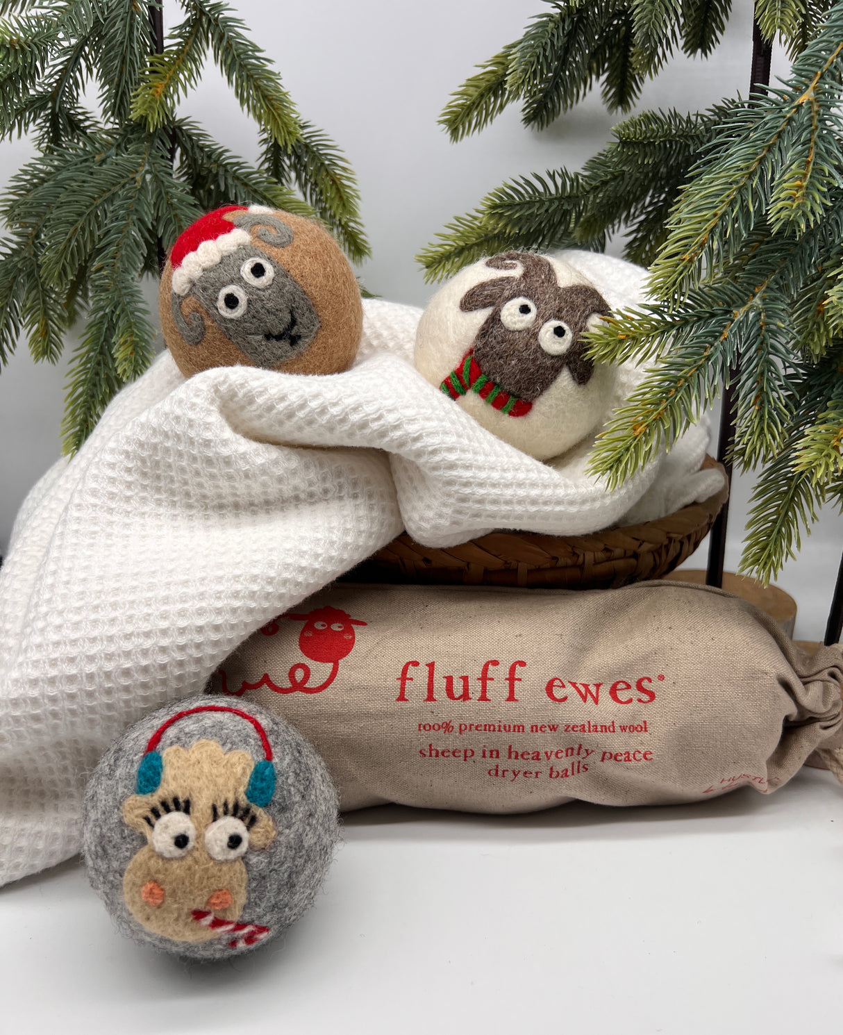 Fluff Ewes Holiday Edition, "Sheep in Heavenly Peace" premium wool dryer balls for laundry:  3 pack