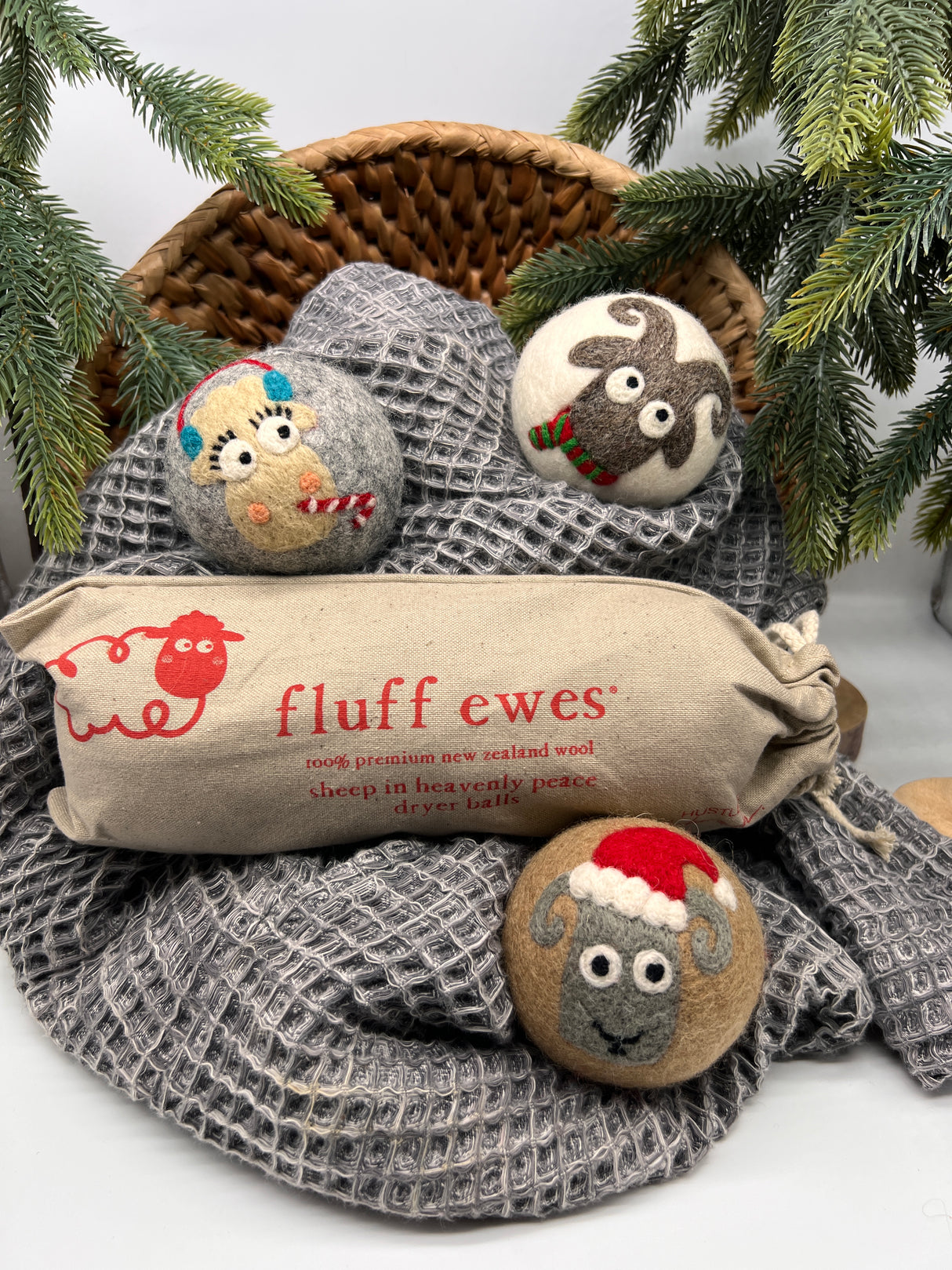 Fluff Ewes Holiday Edition, "Sheep in Heavenly Peace" premium wool dryer balls for laundry:  3 pack