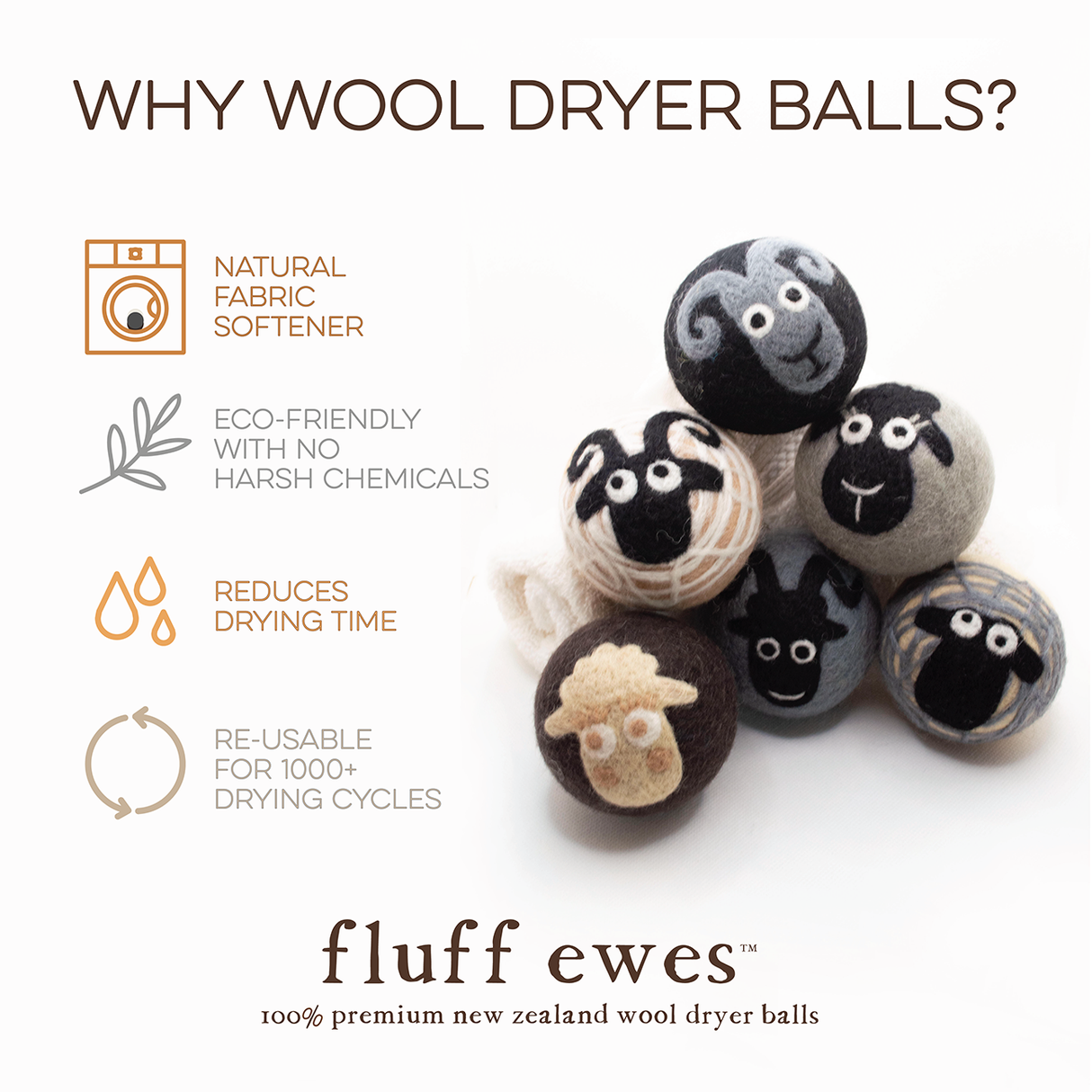 Fluff Ewes "Classics" premium wool dryer balls for laundry: 6 pack set