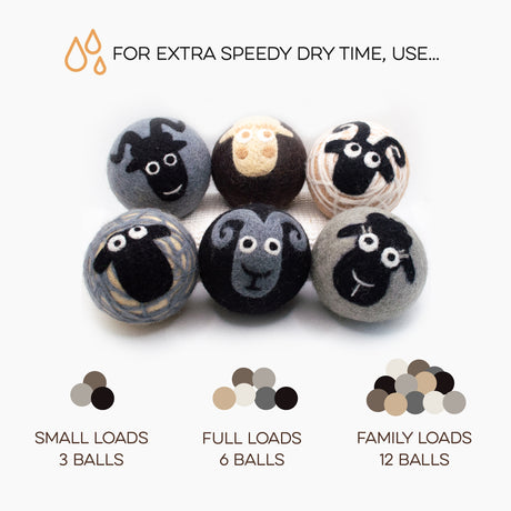 The Gift Bundle: Buy 3 Sets of Fluff Ewes Natural Dryer Balls, Get 1 Set Free! includes eco-friendly New Zealand wool dryer balls with sheep patterns and a usage guide for different laundry loads.