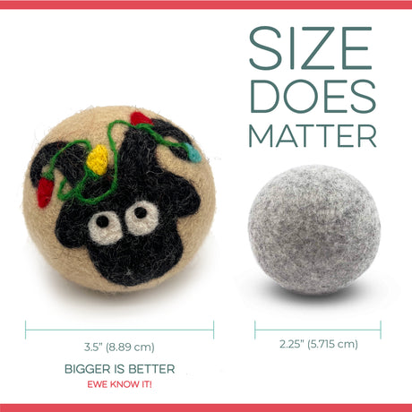 Fluff Ewes Premium XL Dryer Balls "Sheep in Heavenly Peace" 6 Pack is a holiday limited edition natural fabric softener and eco-friendly way to freshen your laundry, featuring adorable sheep designs alongside plain wool dryer balls.