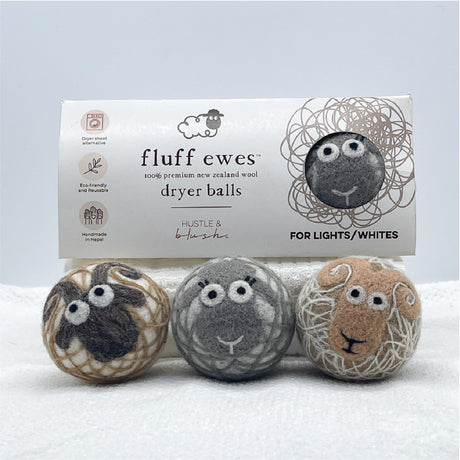 The Multi-pack Gift Bundle includes 8 Fluff Ewes Dryer Balls packs for the price of 6—a $68 savings! Made from premium New Zealand wool, these eco-friendly dryer balls make a perfect gift your friends will love.