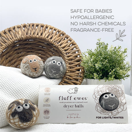 Eight Fluff Ewes Dryer Balls with cute sheep faces, made from premium New Zealand wool, are bundled in a special gift pack—get 8 packs for the price of 6 and save $68! Your friends will love ewe.