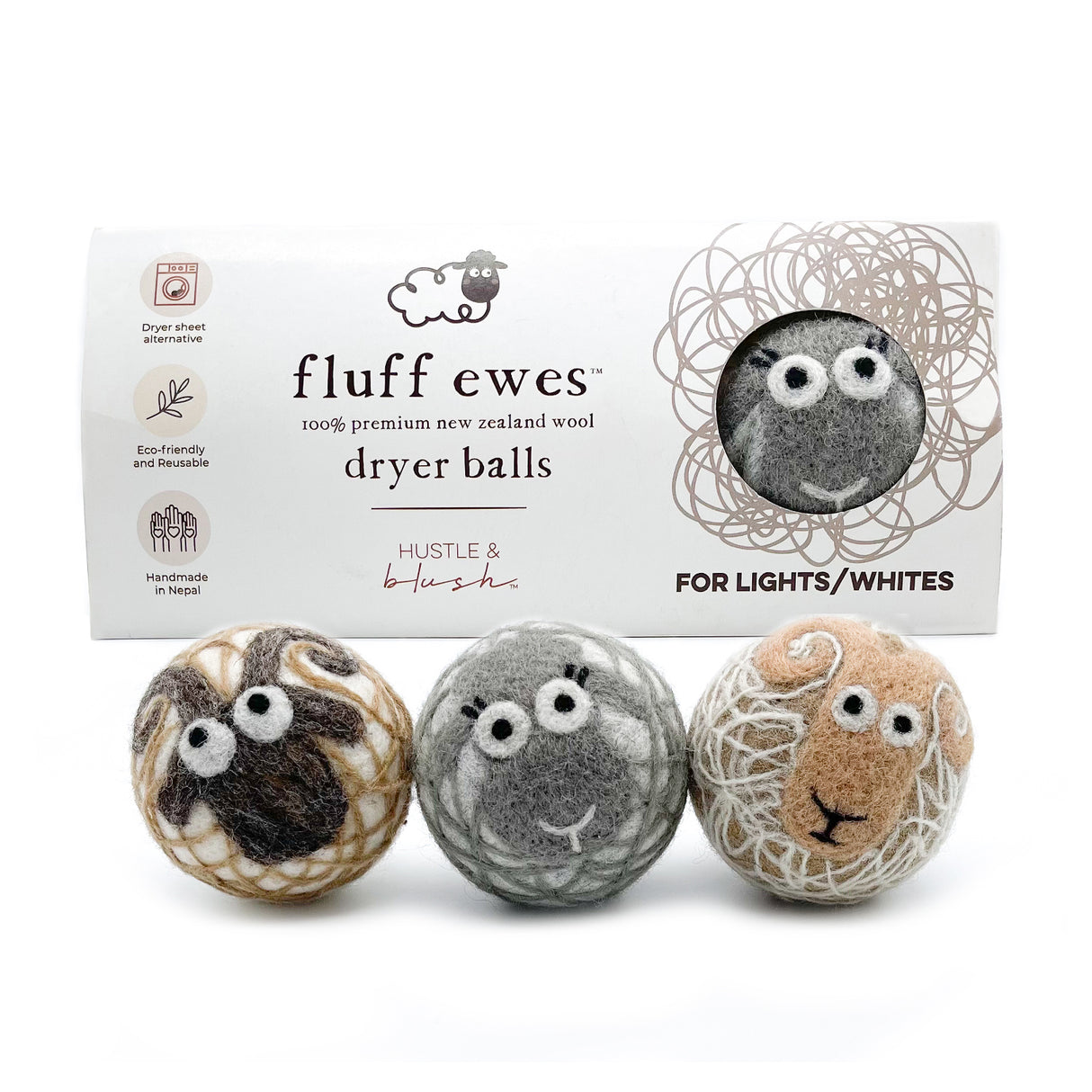 Fluff Ewes premium wool dryer balls for laundry: 3 pack for "Lights & Whites"