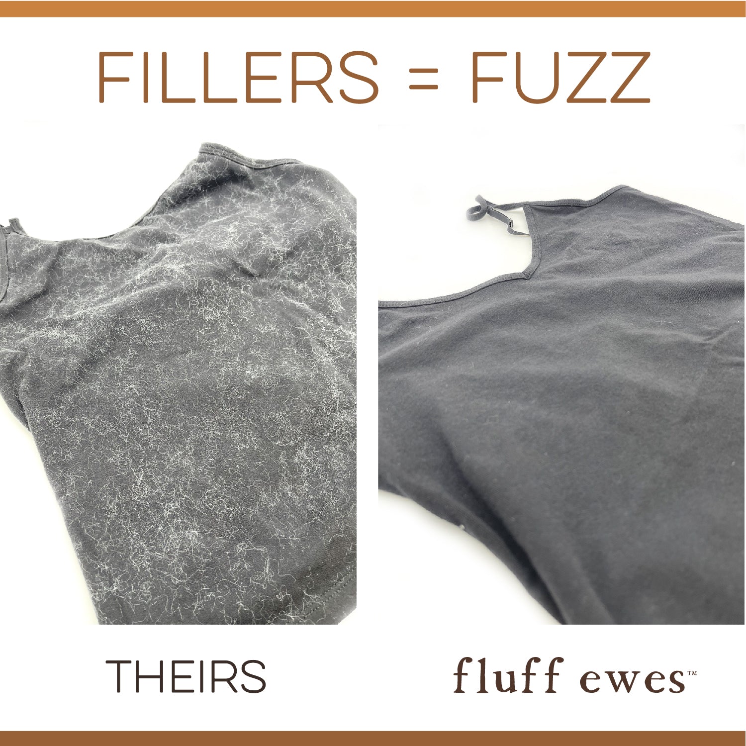 Left: Fuzzy shirt with lint. Right: Smooth, clean shirt. "Fillers = Fuzz. THEIRS vs Fluff Ewes." Try Fluff Ewes Premium XL Dryer Balls—nature’s fabric softener for a smooth, fresh finish, now in a Holiday Limited Edition 6 Pack.