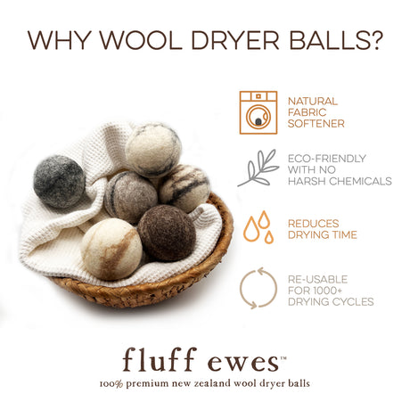 Fluff Ewes "Bag of Marbles" DYE FREE natural wool dryer balls for laundry: set of 3 or 6