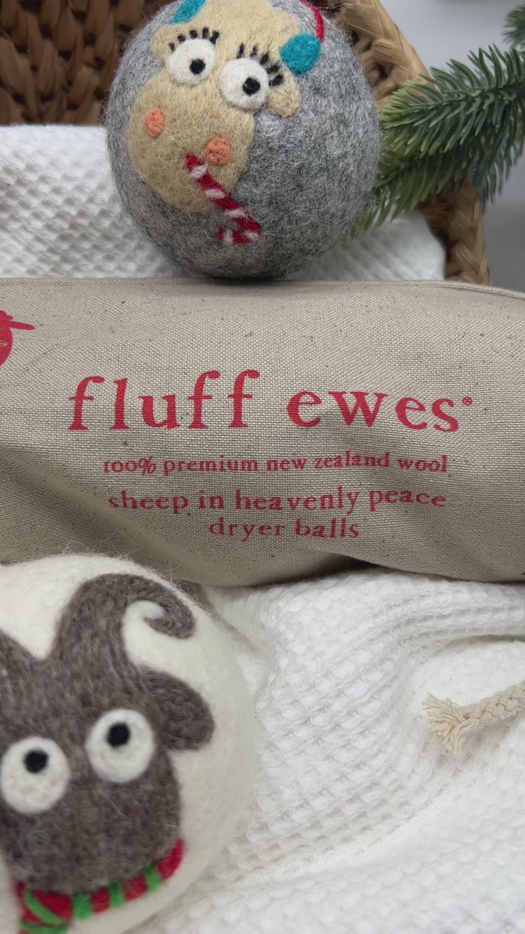 Fluff Ewes Holiday Edition, "Sheep in Heavenly Peace" premium wool dryer balls for laundry:  3 pack